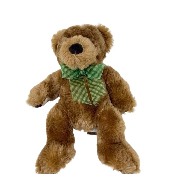 First & Main 10 Inch Newton Brown Bear Green Check Bow Soft Plush Stuffed Animal - Picture 2 of 9